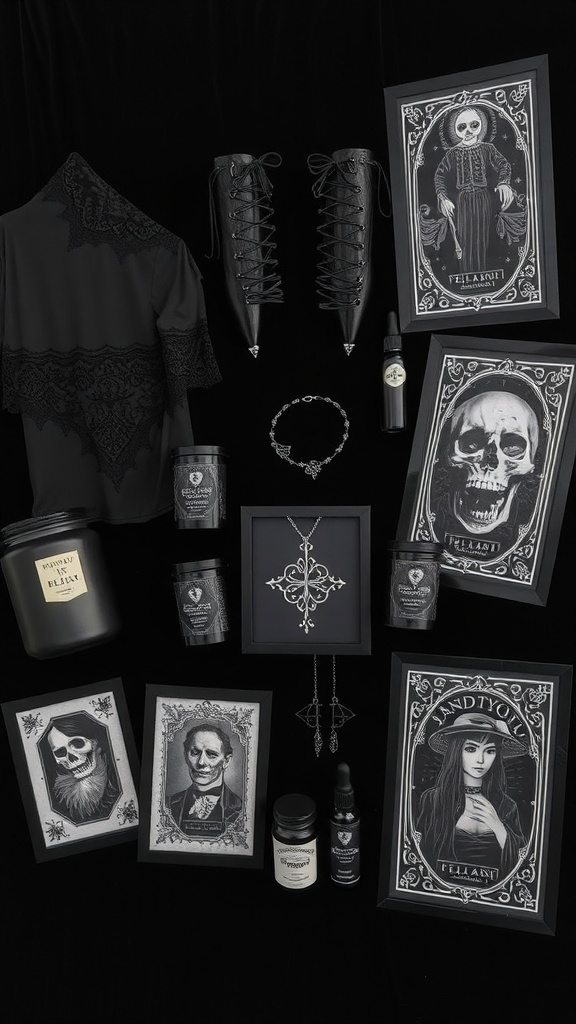 A variety of goth gifts including clothing, jewelry, candles, and art on a dark background.